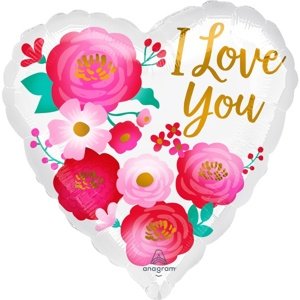 Balónek fóliový Srdce bílé s růžemi I Love You 43 cm