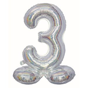 Balónek fóliový číslo 3 samostojné holografické stříbrné 72 cm
