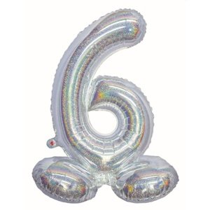 Balónek fóliový číslo 6 samostojné holografické stříbrné 72 cm