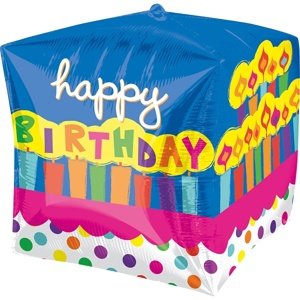 Balónek fóliový krychle Happy Birthday Svíčky 38 cm