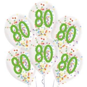 Balónky latexové transparentní s konfetami "80" 27,5 cm 6 ks