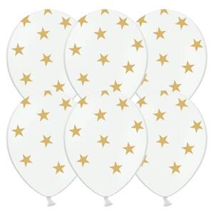 Balónek latexový bílý s potiskem hvězdy zlaté 6 ks