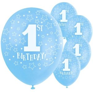 Balónky latexové 1. narozeniny perleťově modré 30 cm 5 ks