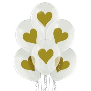 Balónky latexové transparentní se zlatými srdíčky 30 cm – 6 ks