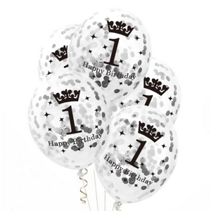 Balónky latexové transparentní s konfetami 1. narozeniny stříbrné 30 cm 1ks