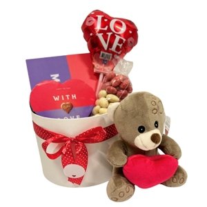 Valentýnský set - Plyšový méďa v boxu, Milka 110 g, Milka srdíčko, mandle v čokoládě 150 g, balónek