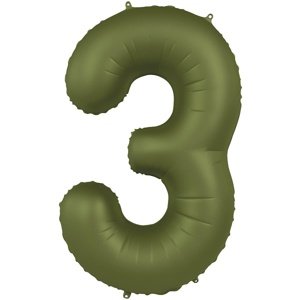 Balónek fóliový číslo 3 Olivově zelená, matný 86 cm